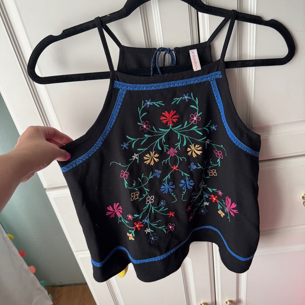 Embroidered Floral Black Halter Top